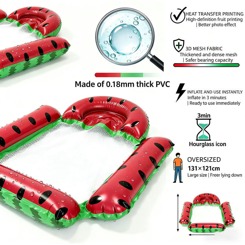 Watermelon-print inflatable pool hammock with white mesh center and product detail graphic