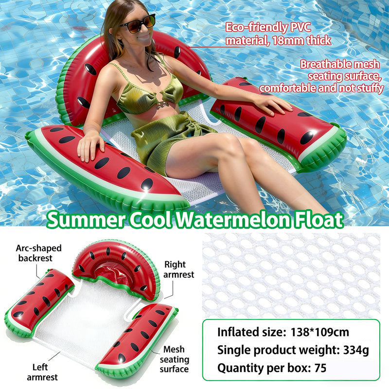 Person relaxing on a watermelon-print inflatable pool hammock with mesh center