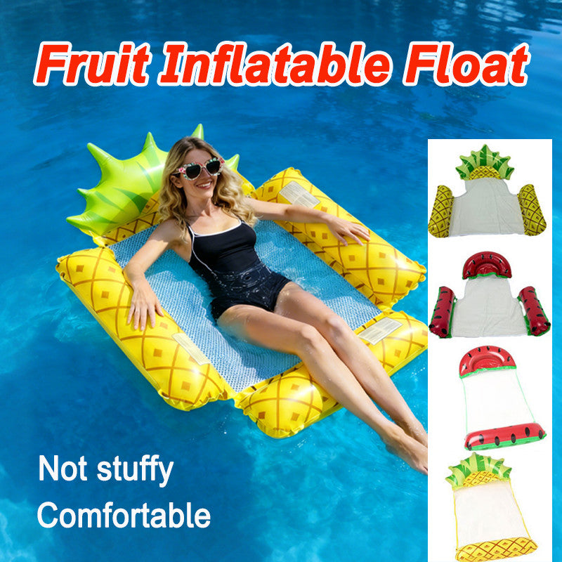 Person floating on a pineapple-print inflatable pool hammock with a mesh center